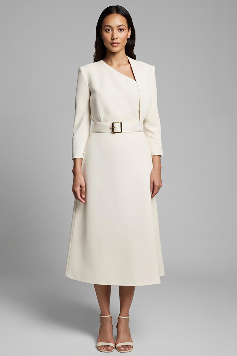 Ivory A-Line Asymmetrical Long Sleeve Work Dress With Belt