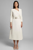 Ivory A-Line Asymmetrical Long Sleeve Work Dress With Belt