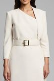Ivory A-Line Asymmetrical Long Sleeve Work Dress With Belt