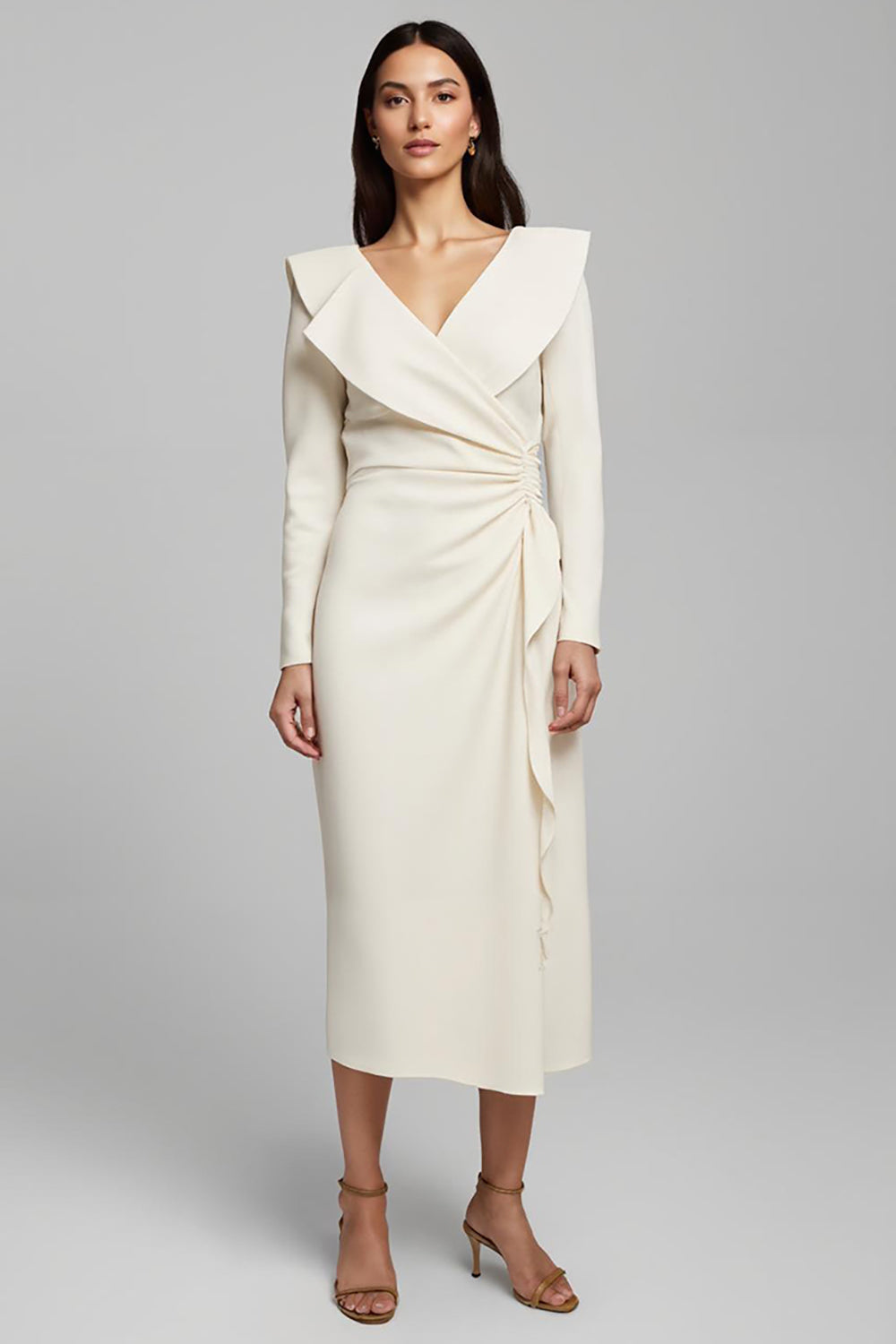 V-Neck Sheath Ivory Long Sleeve Midi Dress