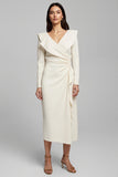 V-Neck Sheath Ivory Long Sleeve Midi Dress