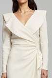 V-Neck Sheath Ivory Long Sleeve Midi Dress