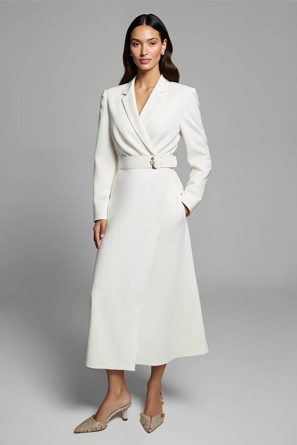 Ivory A-Line V-Neck Long Sleeve Work Dress With Belt
