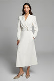 Ivory A-Line V-Neck Long Sleeve Work Dress With Belt