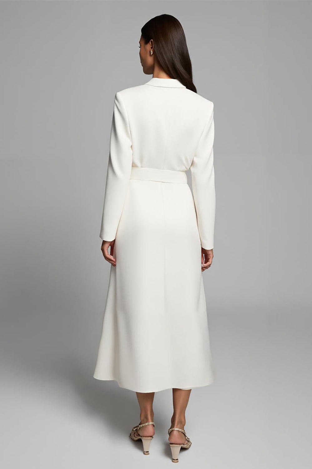 Ivory A-Line V-Neck Long Sleeve Work Dress With Belt