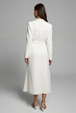 Ivory A-Line V-Neck Long Sleeve Work Dress With Belt