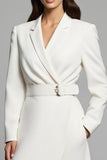 Ivory A-Line V-Neck Long Sleeve Work Dress With Belt
