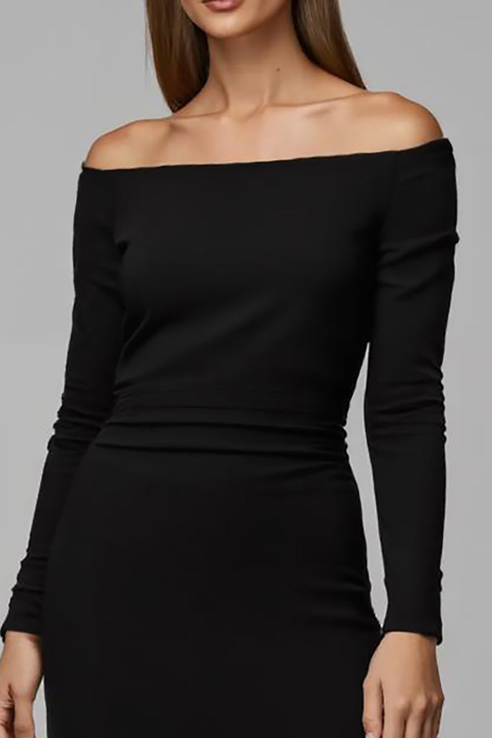 Off The Shoulder Black Sheath Midi Work Dress With Long Sleeves