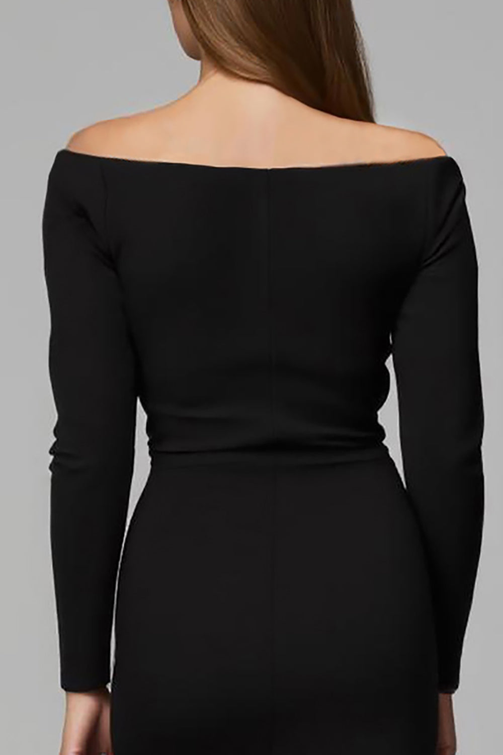 Off The Shoulder Black Sheath Midi Work Dress With Long Sleeves