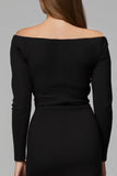 Off The Shoulder Black Sheath Midi Work Dress With Long Sleeves