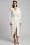 V-Neck Sheath Ivory Long Sleeve Work Dress With Slit