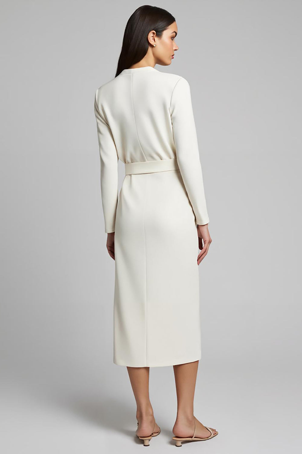 V-Neck Sheath Ivory Long Sleeve Work Dress With Slit