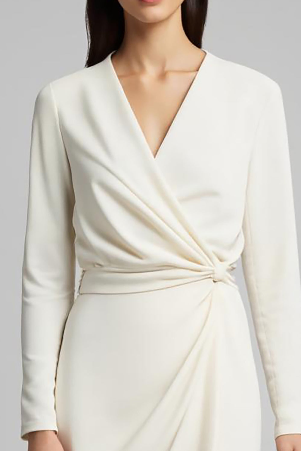 V-Neck Sheath Ivory Long Sleeve Work Dress With Slit
