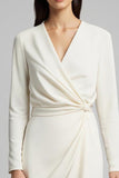 V-Neck Sheath Ivory Long Sleeve Work Dress With Slit