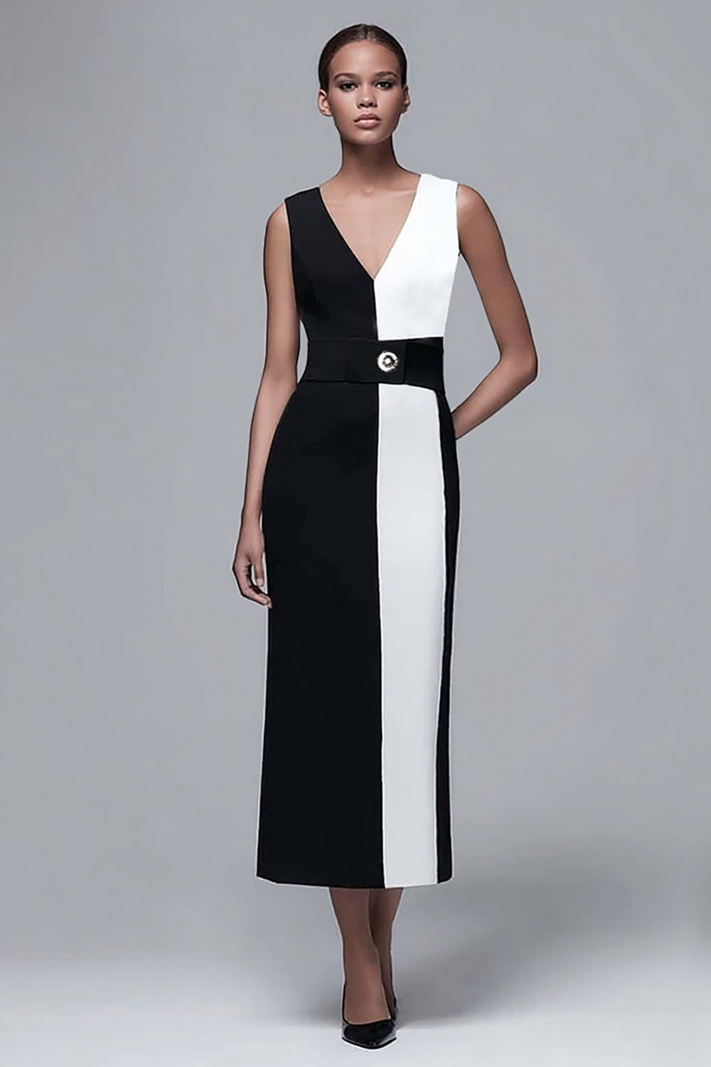 Sheath V Neck Black And White Tea Length Work Dress