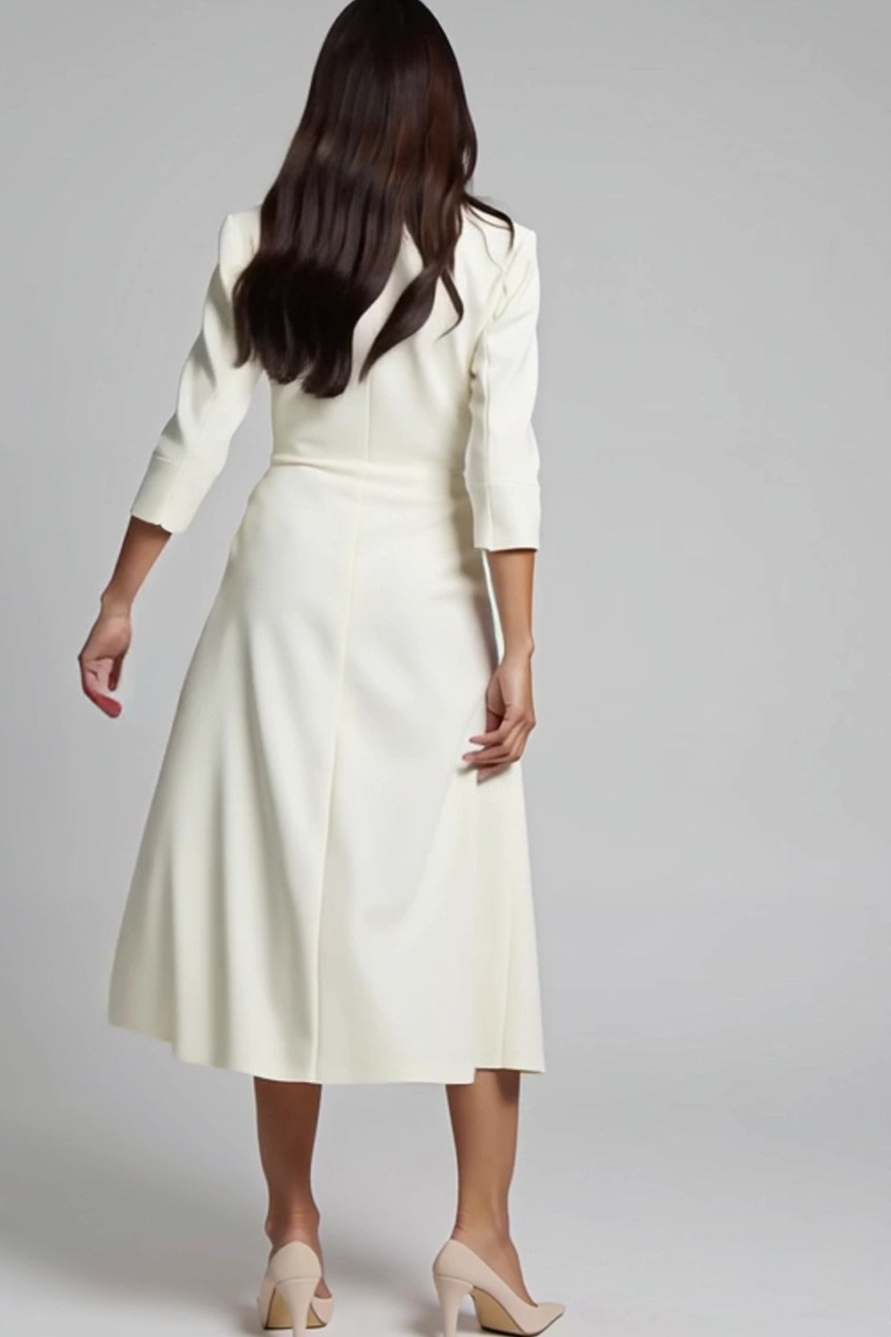 A-Line Ivory V-Neck Work Midi Dress With 3/4 Sleeves