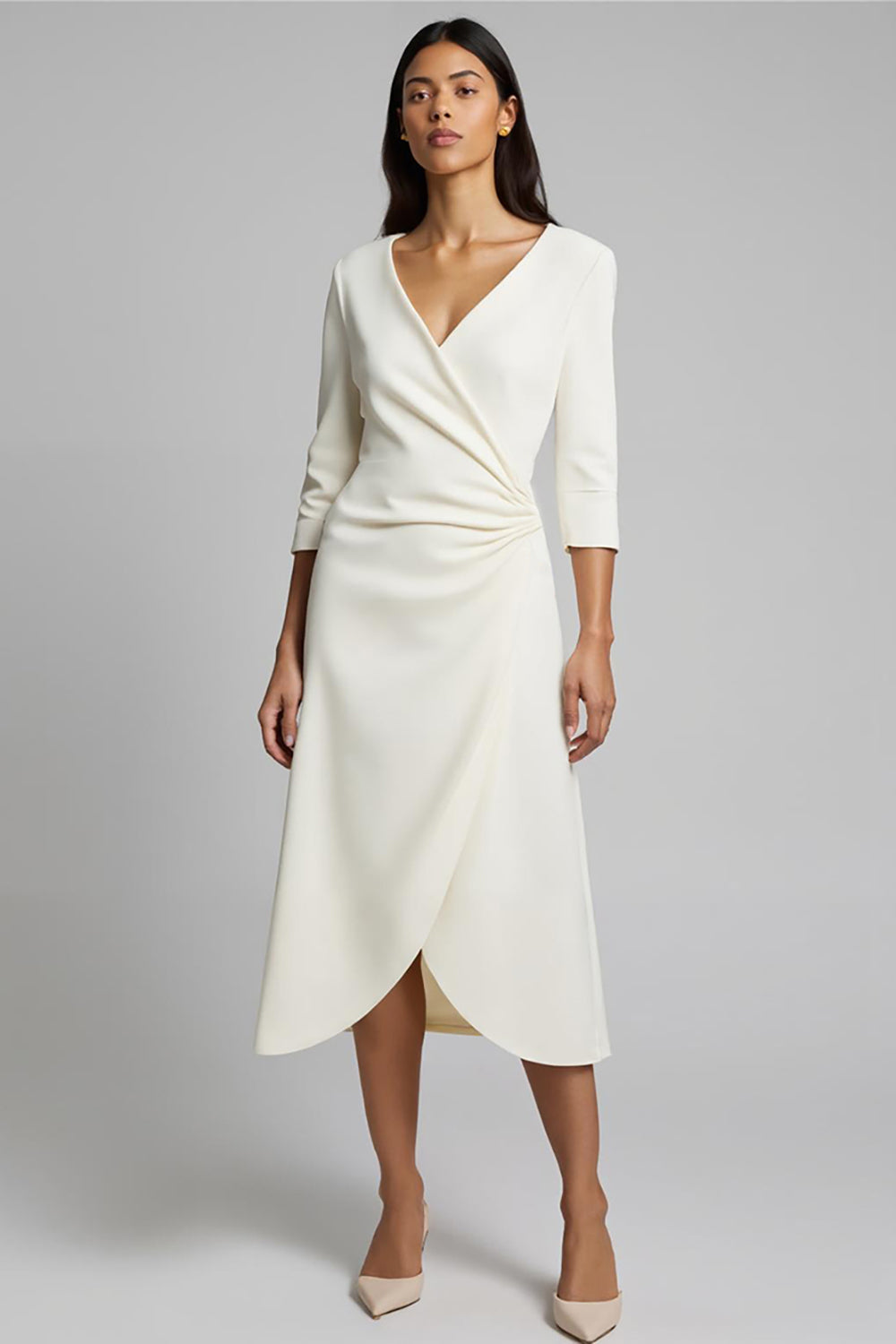 A-Line Ivory V-Neck Work Midi Dress With 3/4 Sleeves