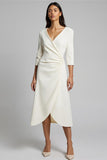 A-Line Ivory V-Neck Work Midi Dress With 3/4 Sleeves