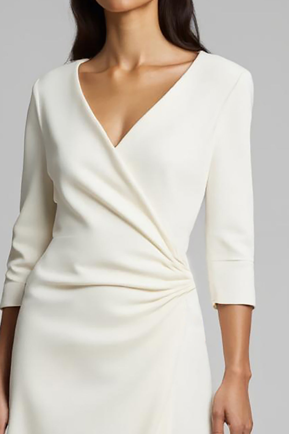 A-Line Ivory V-Neck Work Midi Dress With 3/4 Sleeves