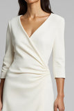 A-Line Ivory V-Neck Work Midi Dress With 3/4 Sleeves