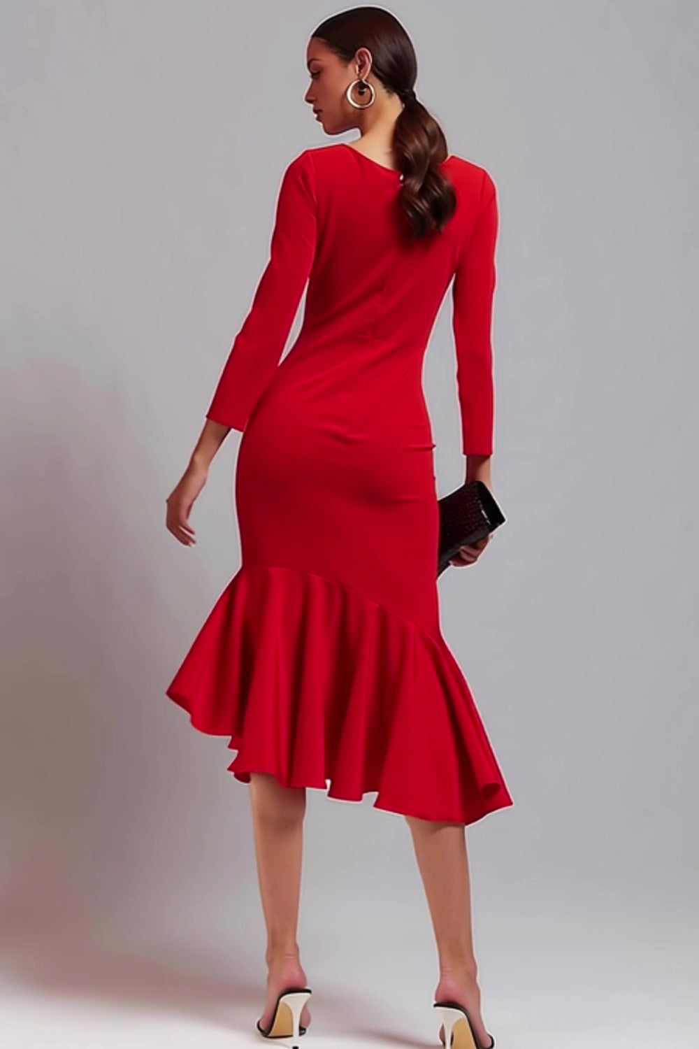 Red Mermaid Ruffled Work Dress With 3/4 Sleeves
