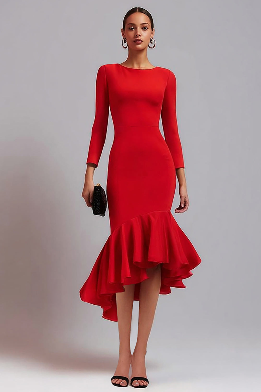 Red Mermaid Ruffled Work Dress With 3/4 Sleeves