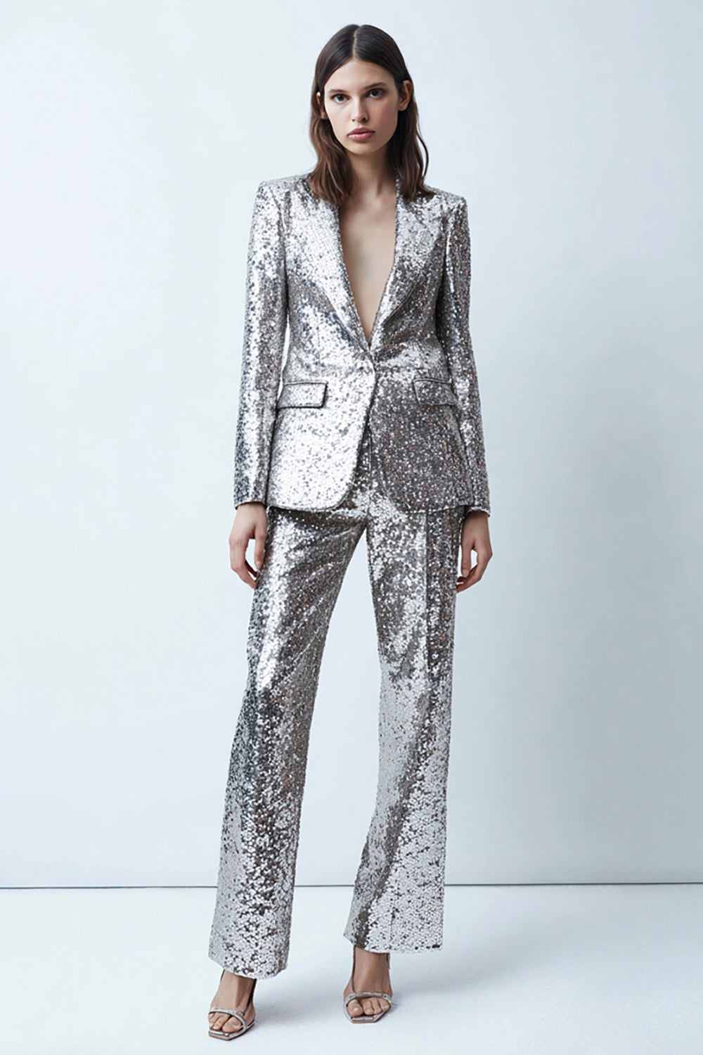 Sparkly Silver One Button 2-Piece Prom Suits