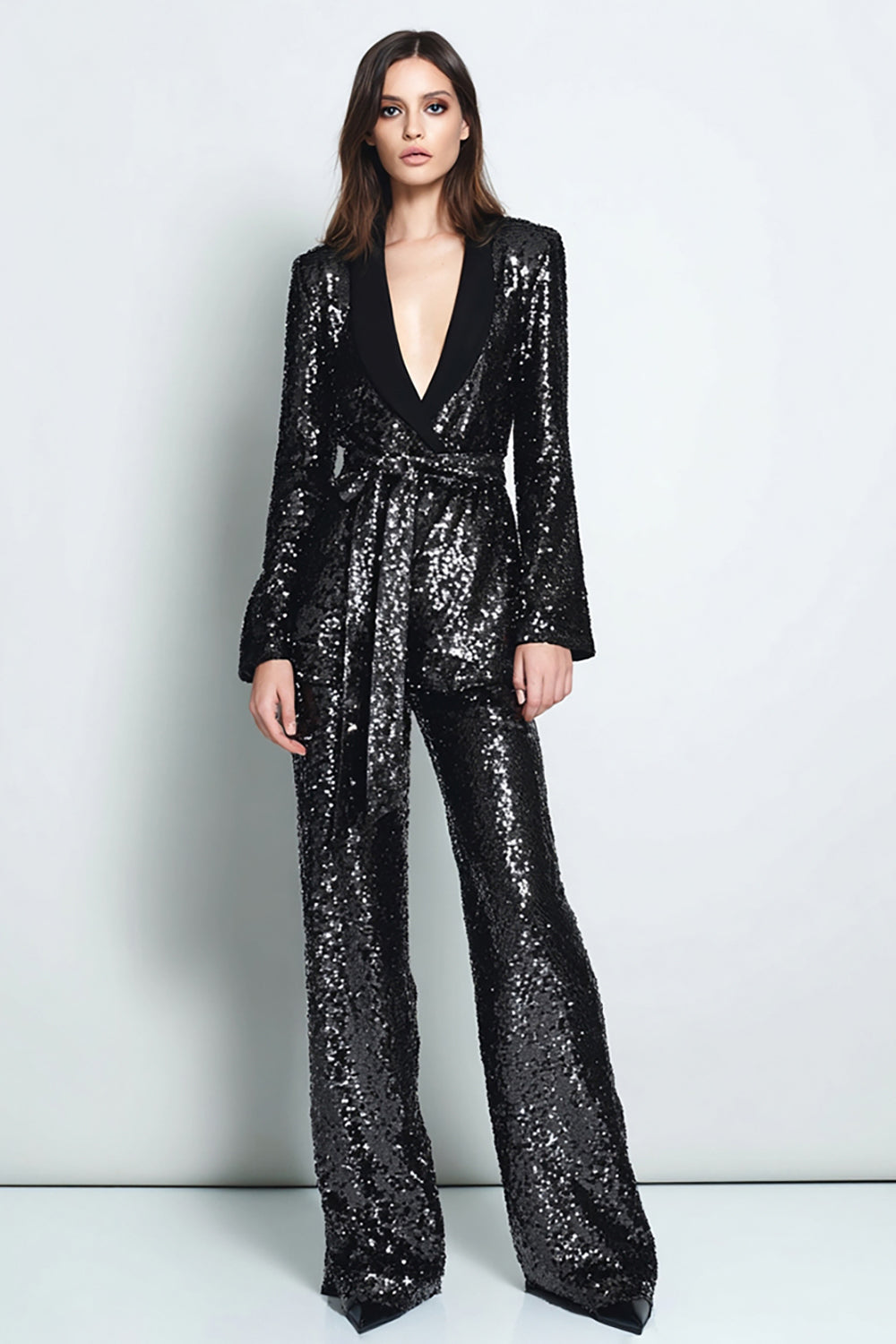 Sequined Black 2-Piece Women Prom Suits With Sash