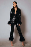 Black Sequin 2-Piece Women Prom Suits With Feathers