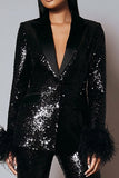 Black Sequin 2-Piece Women Prom Suits With Feathers