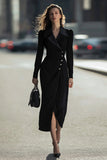 Sheath Long Sleeve Black Peak Lapel Work Dress With Slit