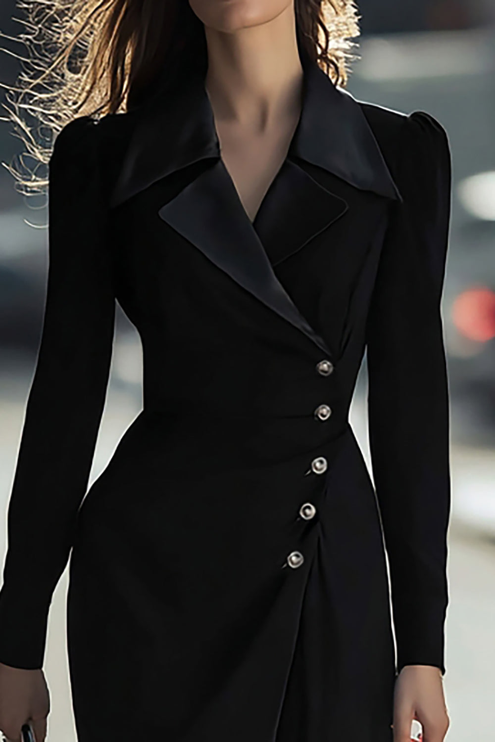 Sheath Long Sleeve Black Peak Lapel Work Dress With Slit