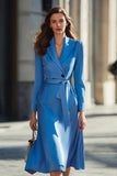 Blue A-Line Notched Lapel Work Dress With Belt