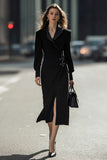 Black Sheath Long Sleeve Work Dress With Slit