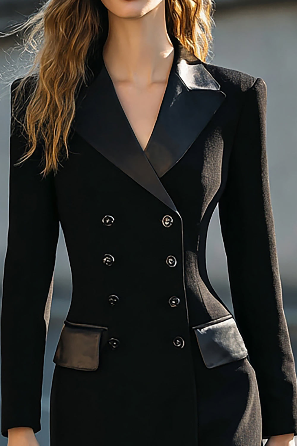 Double Breasted Sheath Black Peak Lapel Work Dress