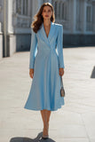 Satin A-Line Long Sleeve Sky Blue Work Dress