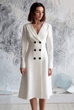 A-Line Ivory Shawl Lapel Double Breasted Long Sleeve Work Dress