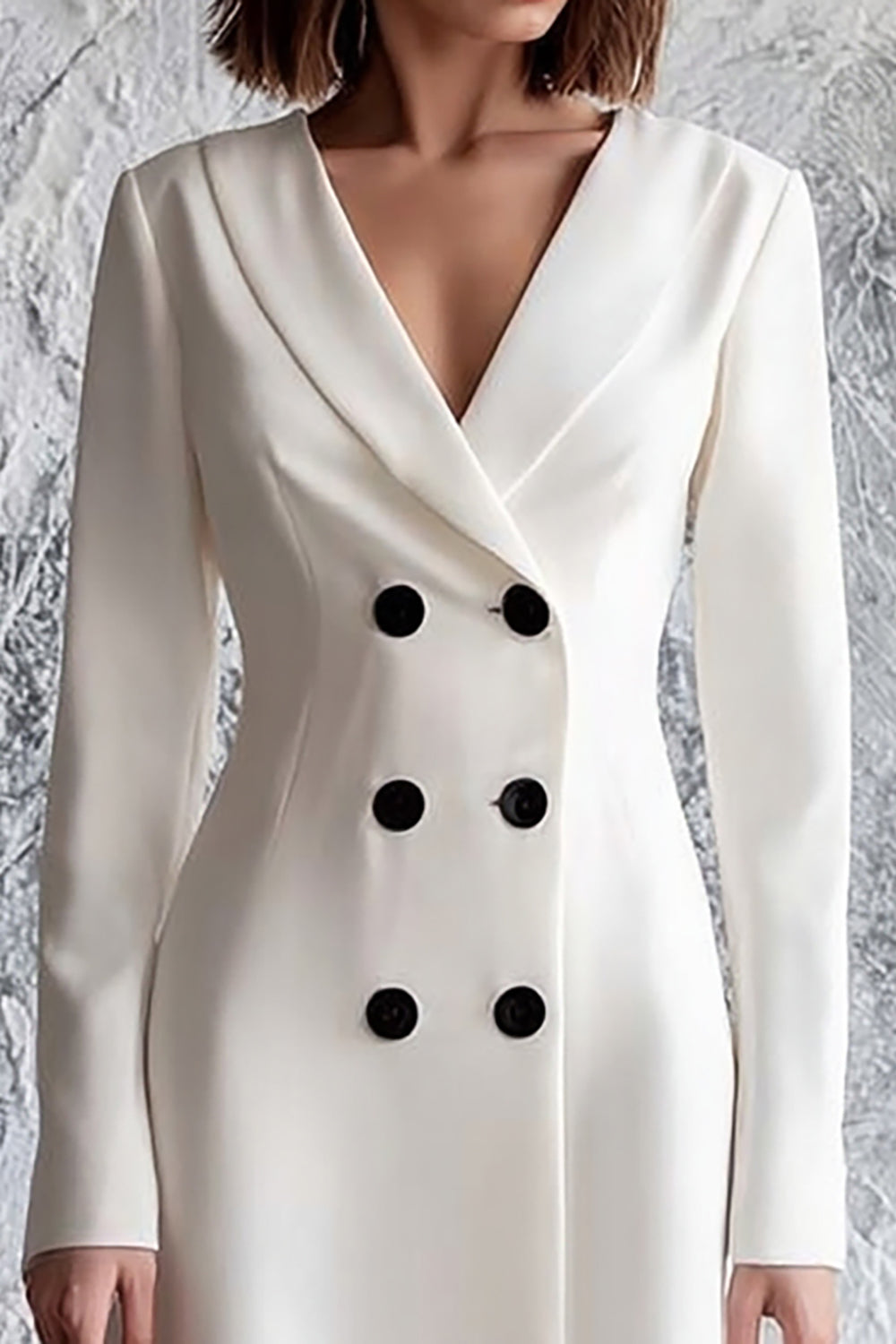 A-Line Ivory Shawl Lapel Double Breasted Long Sleeve Work Dress