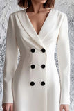 A-Line Ivory Shawl Lapel Double Breasted Long Sleeve Work Dress