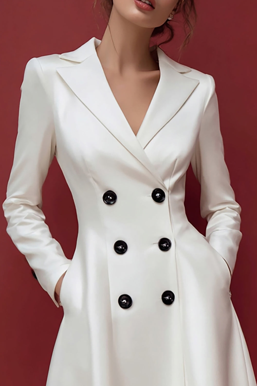 Ivory A-Line Notched Lapel Double Breasted Long Sleeve Work Dress With Pockets