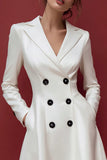 Ivory A-Line Notched Lapel Double Breasted Long Sleeve Work Dress With Pockets