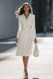 A-Line Long Sleeve Ivory Work Dress With Pockets