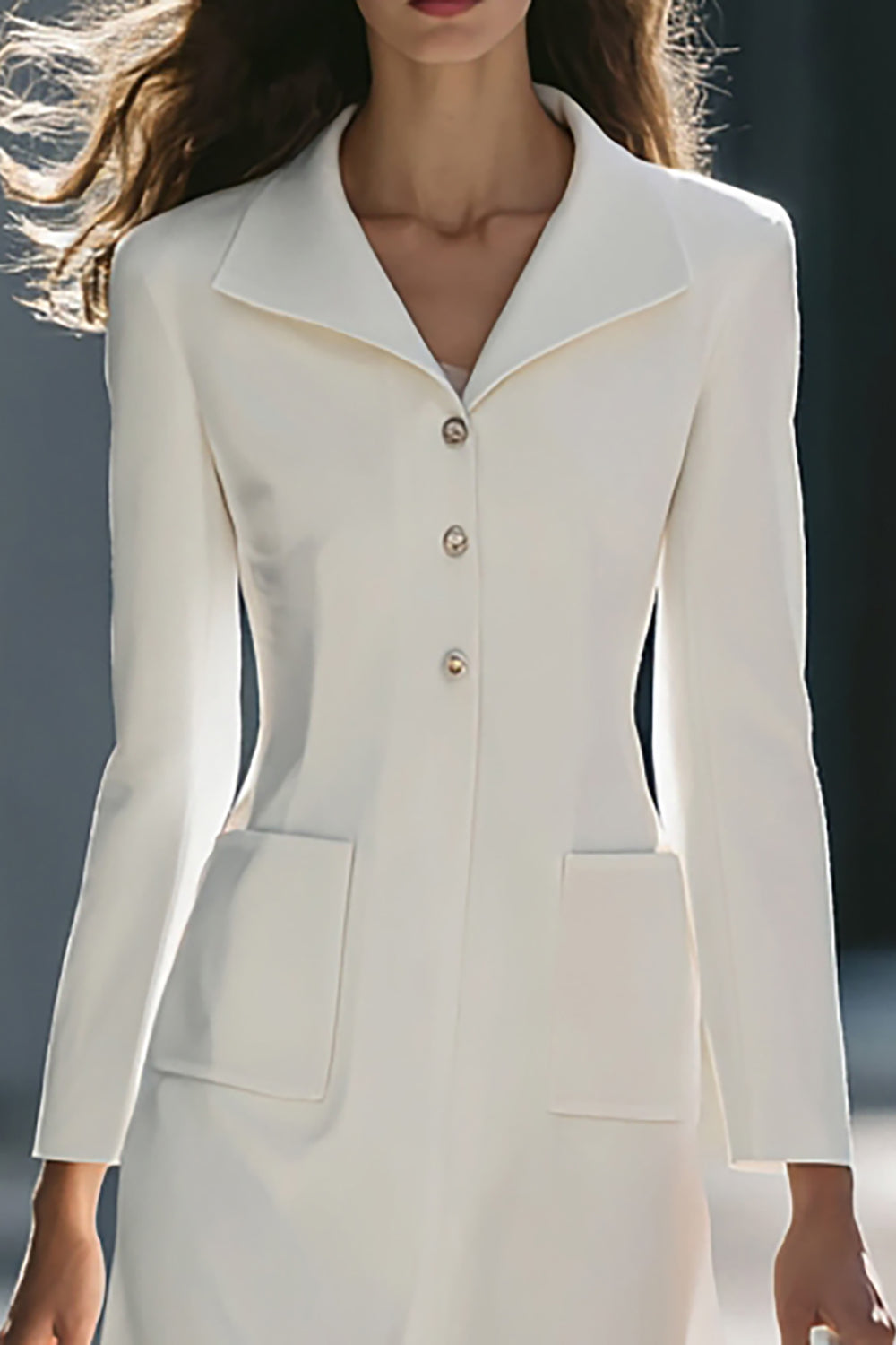 A-Line Long Sleeve Ivory Work Dress With Pockets