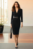 Simple Black V-Neck Pencil Work Dress With Belt