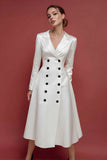Ivory Double Breasted A Line Notched Lapel Work Dress With Long Sleeves