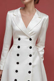 Ivory Double Breasted A Line Notched Lapel Work Dress With Long Sleeves