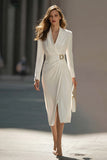 Sheath Ivory Long Sleeve Work Dress With Slit