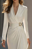 Sheath Ivory Long Sleeve Work Dress With Slit