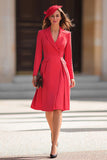 Elegant A-Line Long Sleeve Peak Lapel Red Work Dress