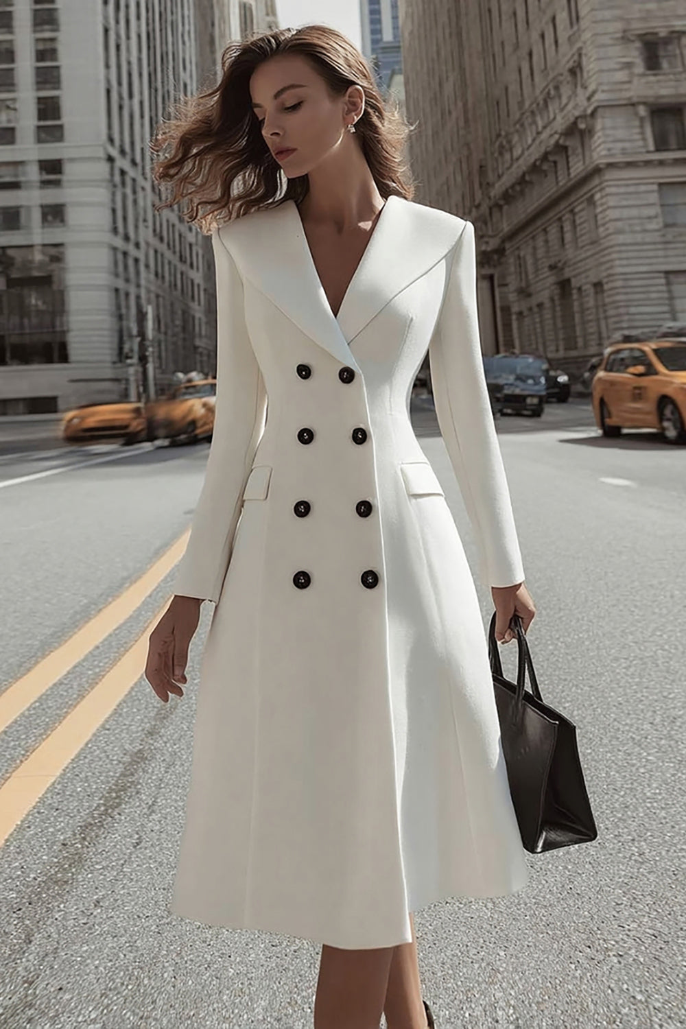 A Line Long Sleeve Double Breasted Ivory Work Dress